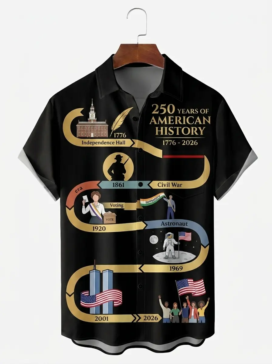 Men's printed shirts, 250 Years of American History Timeline Aloha Shirt