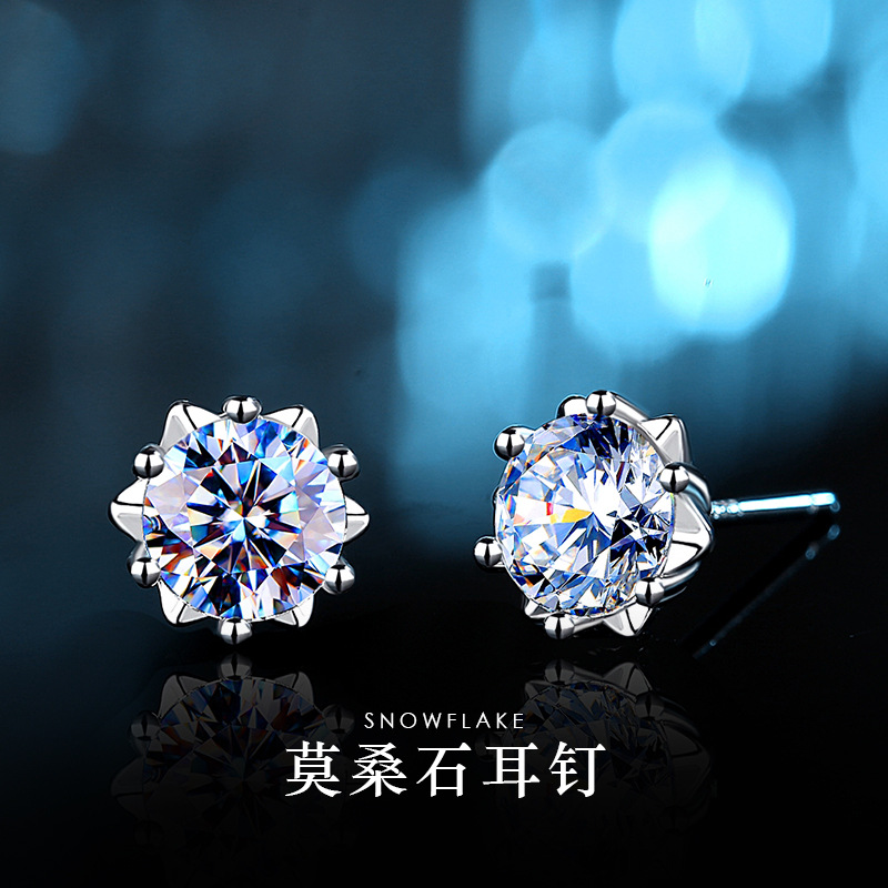 925 sterling silver 1 carat moissanite diamond earrings for women, simulated diamond snowflake earrings, classic six-prong light luxury earrings