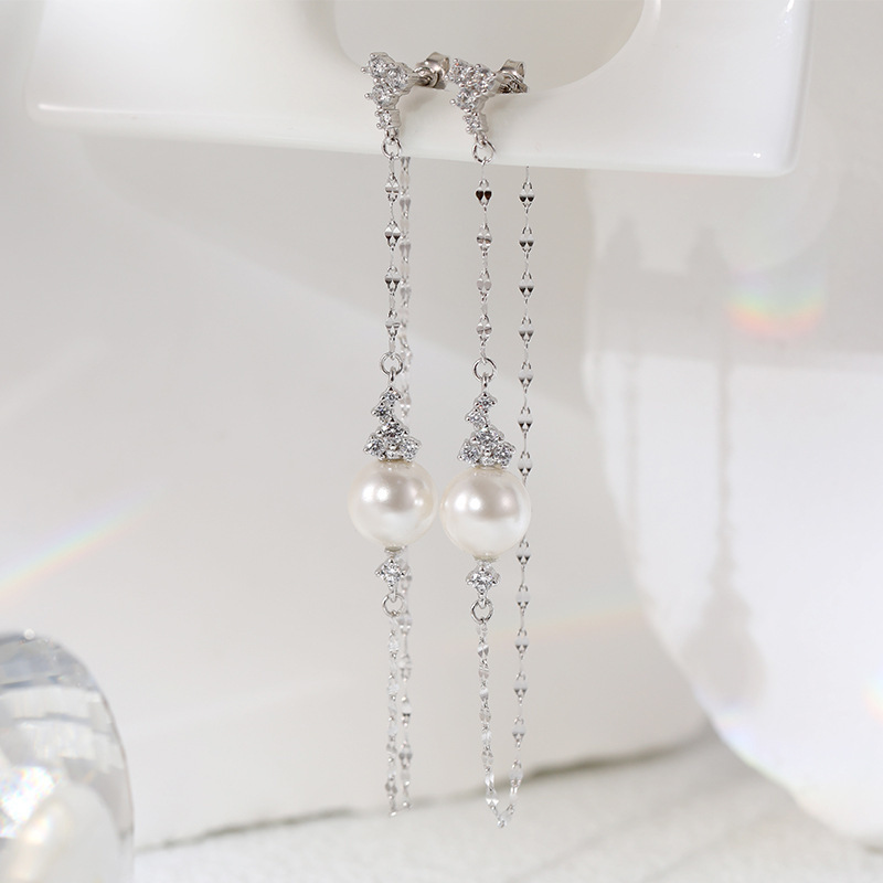 925 sterling silver Korean-style starry earrings for women, fashionable ins-style pearl long tassel earrings, niche high-end earrings