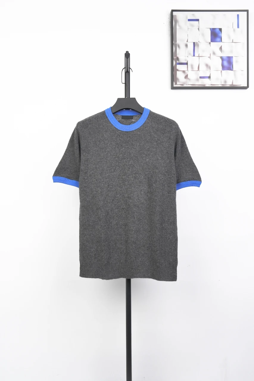 Prada Grey Wool Knit Short Sleeve Top with Blue Trims product photo from LabelPicks