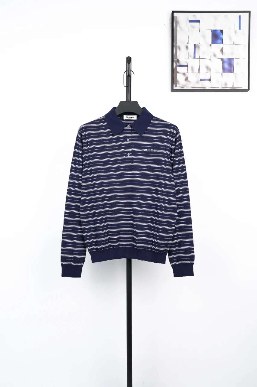 Miu Miu Navy Stripe Logo Intarsia Long Sleeve Polo Shirt product photo from LabelPicks
