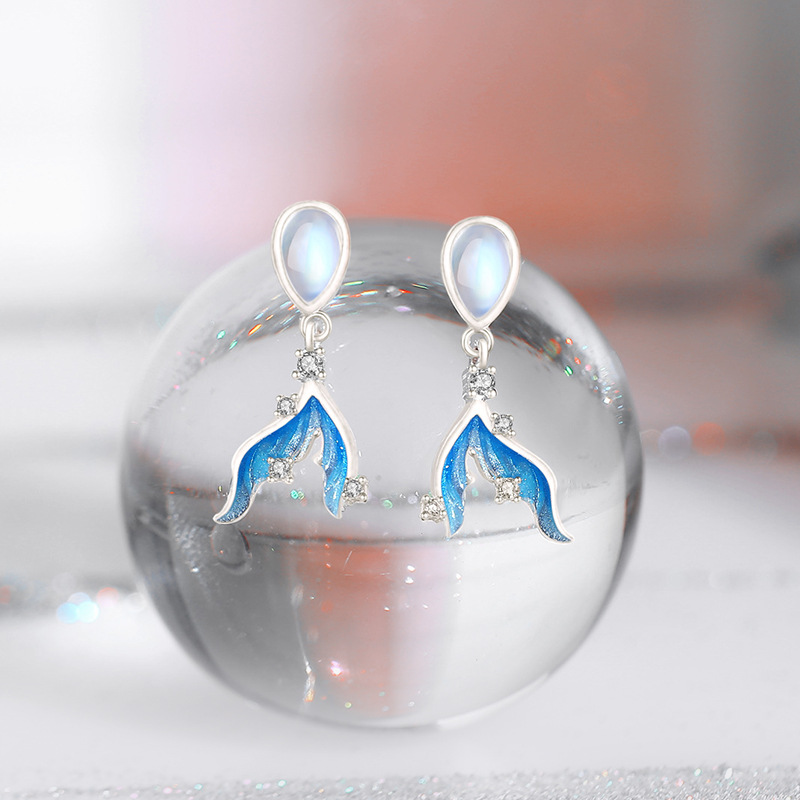 Moonstone Mermaid Tail Earrings, 925 Sterling Silver, Ethereal, Sweet, Minimalist, High-End, and Stylish, Original Design