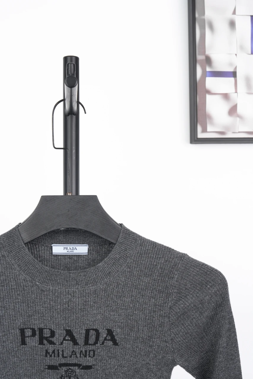 Prada Charcoal Recycled Silk Logo Jacquard Slim Knit Sweater product photo from LabelPicks