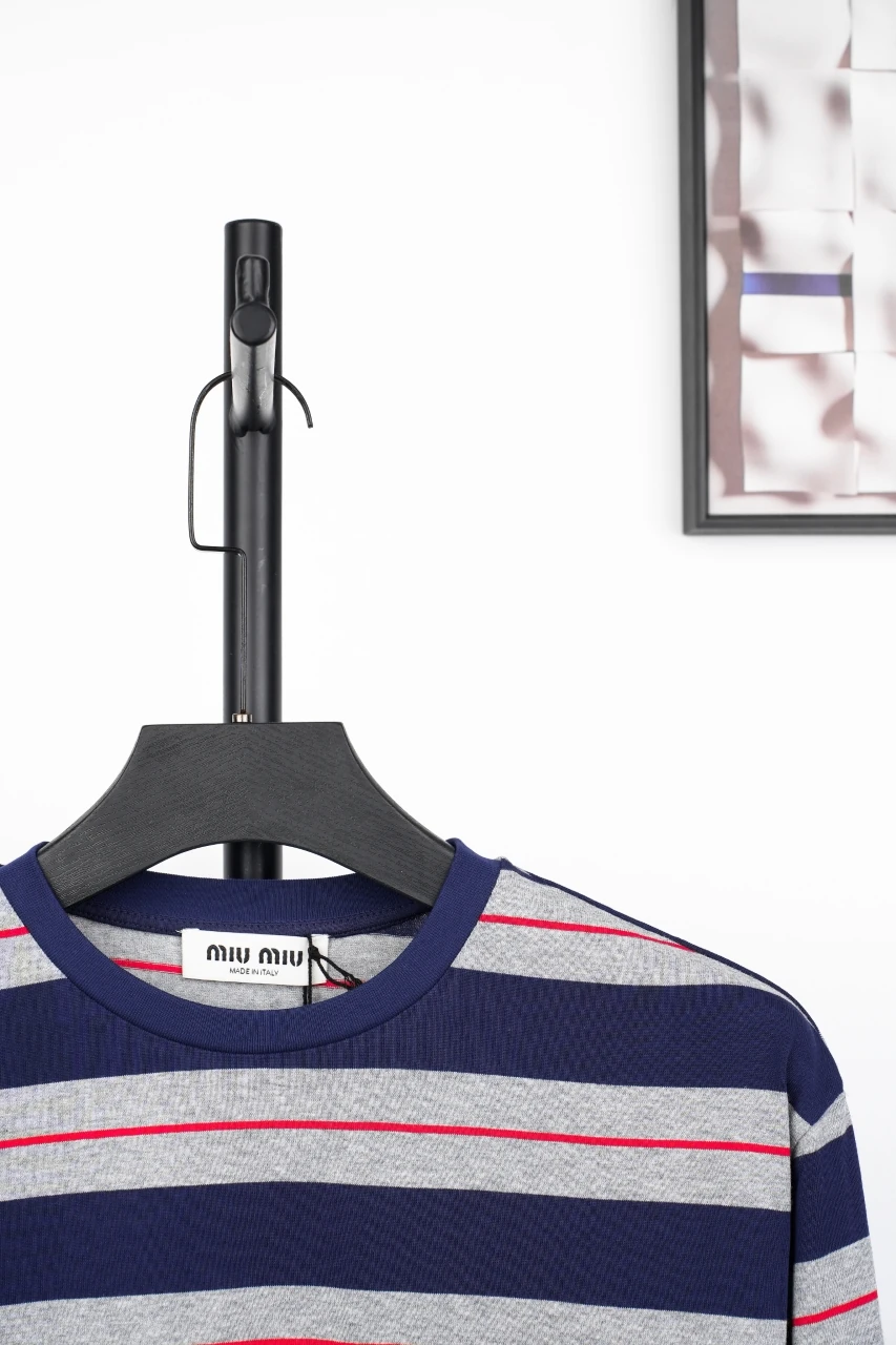 Miu Miu Navy Pink Stripe Crewneck Long Sleeve T-Shirt product photo from LabelPicks