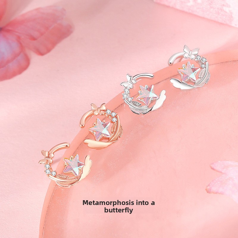 Original feathered butterfly earrings for women, 925 sterling silver, forest style geometric feather butterfly star earrings with moonstone
