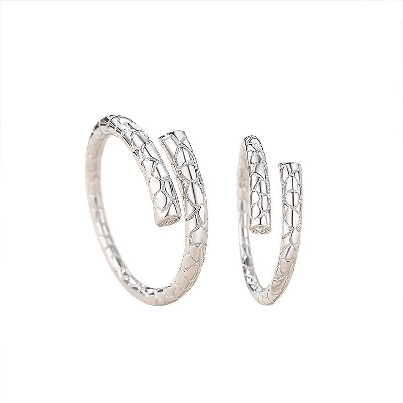 925 sterling silver couple rings, featuring a unique design with a circular geometric snake pattern, and an adjustable open ring style