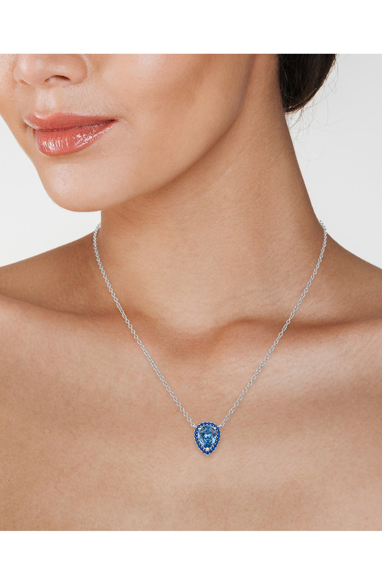 CZ by Kenneth Jay Lane Blue Pear Cut Cubic Zirconia Halo Pendant Necklace