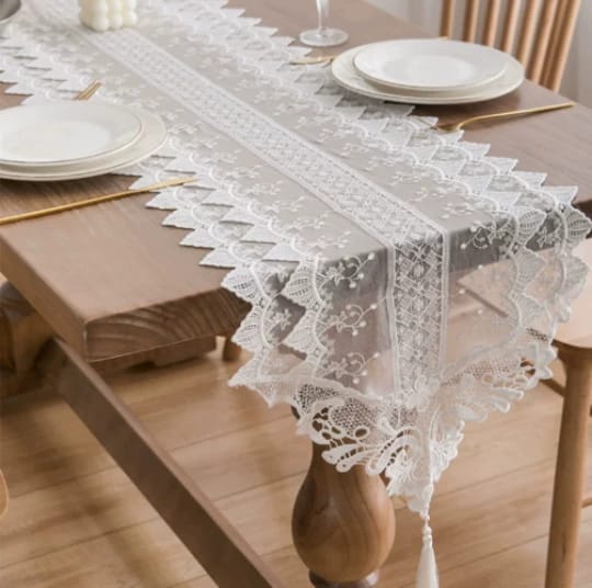 Table Runner White Mesh Embroidered Long Tablecloth