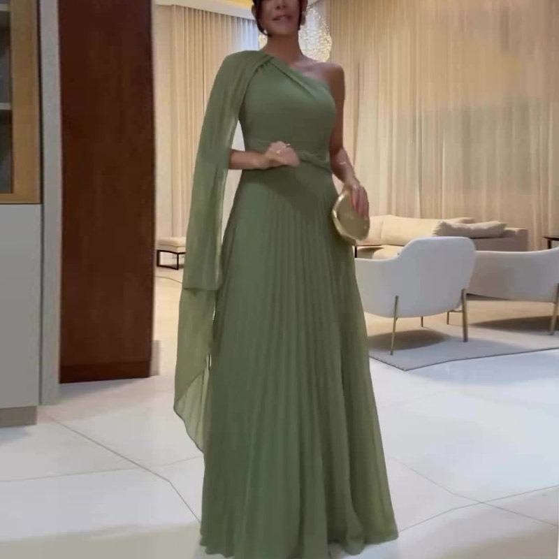 Women Solid Pleated Dresses Tight Waist Skew Collar Long Dresses Slim Fit Elegant Off Shoulder Spliced Vestidos A Line Party LYQ602090