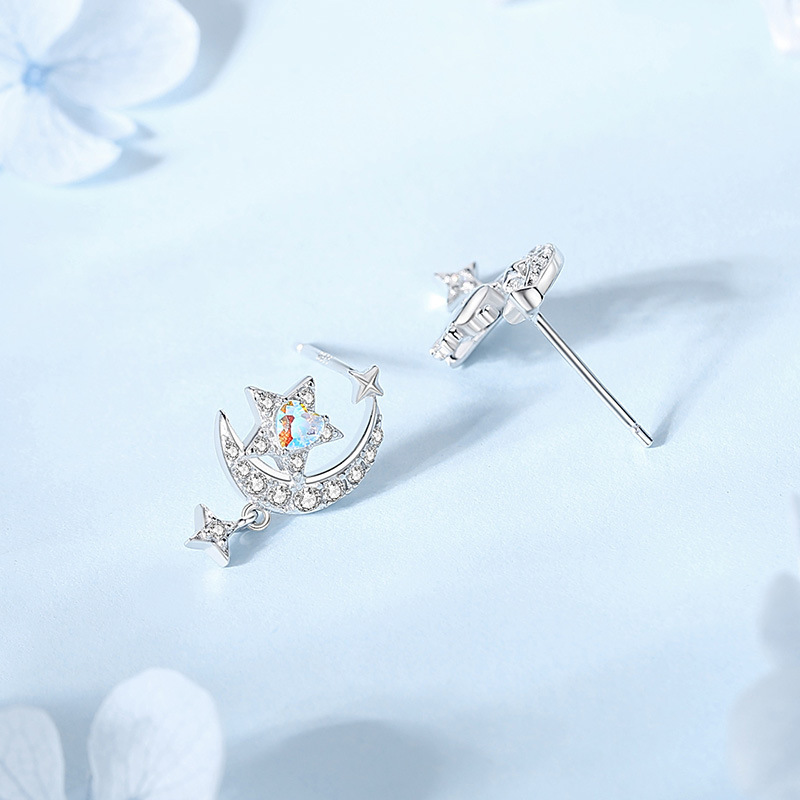 Original Christmas star and moon reindeer earrings for women, made of pure silver, in a Korean style, minimalist and delicate, small and fresh earrings