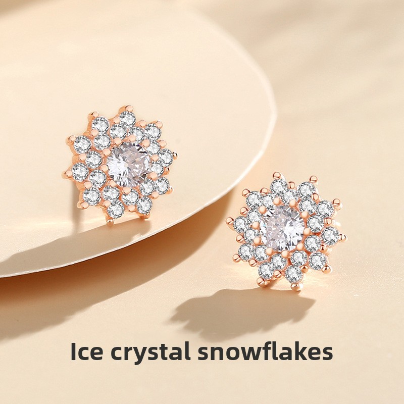 Korean-style snowflake earrings for women, versatile summer earrings, popular online, rose gold full-diamond earrings, cross-border model