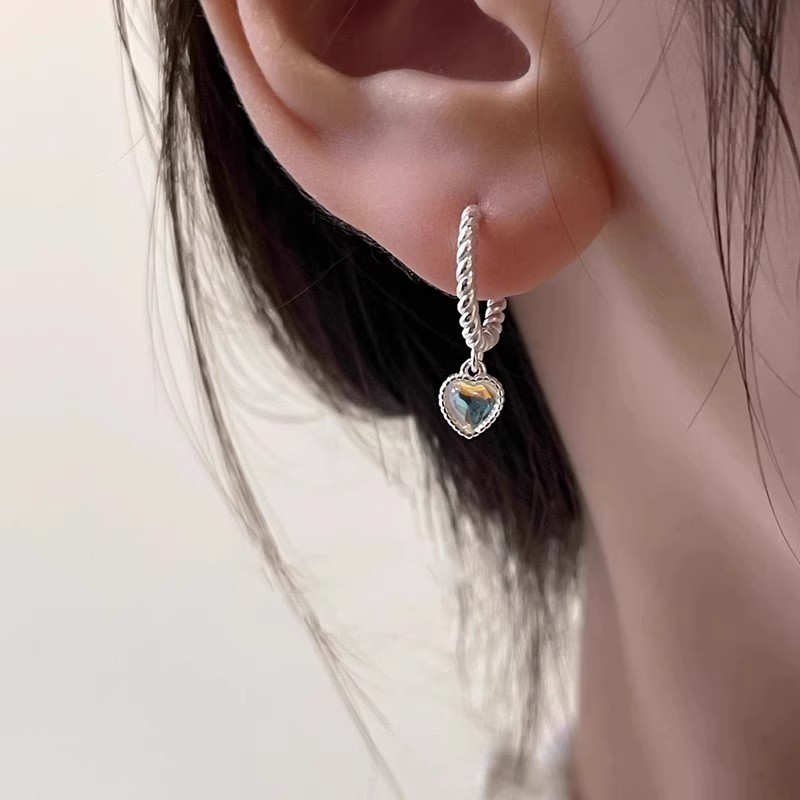 925 sterling silver opal heart earrings for women, vintage, minimalist, light luxury, niche design, trendy, ear clips, drop earrings