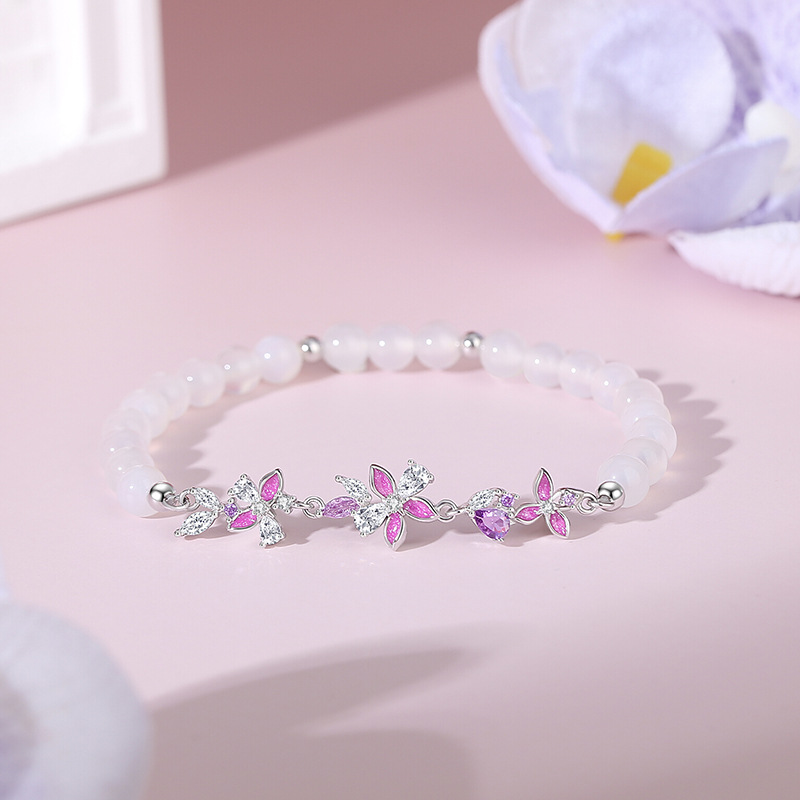 Original Wisteria Flower Agate Bracelet, Forest-Style Floral Round Bead Bracelet, Women's Pure Silver, Fresh and Delicate Purple Zircon Jewelry