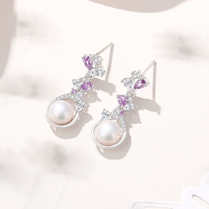 Original Wisteria Flower Pearl Earrings, 999 Sterling Silver, Forest-Themed, Light Luxury Floral Earrings, Full of Zirconia, Women's Day Gift