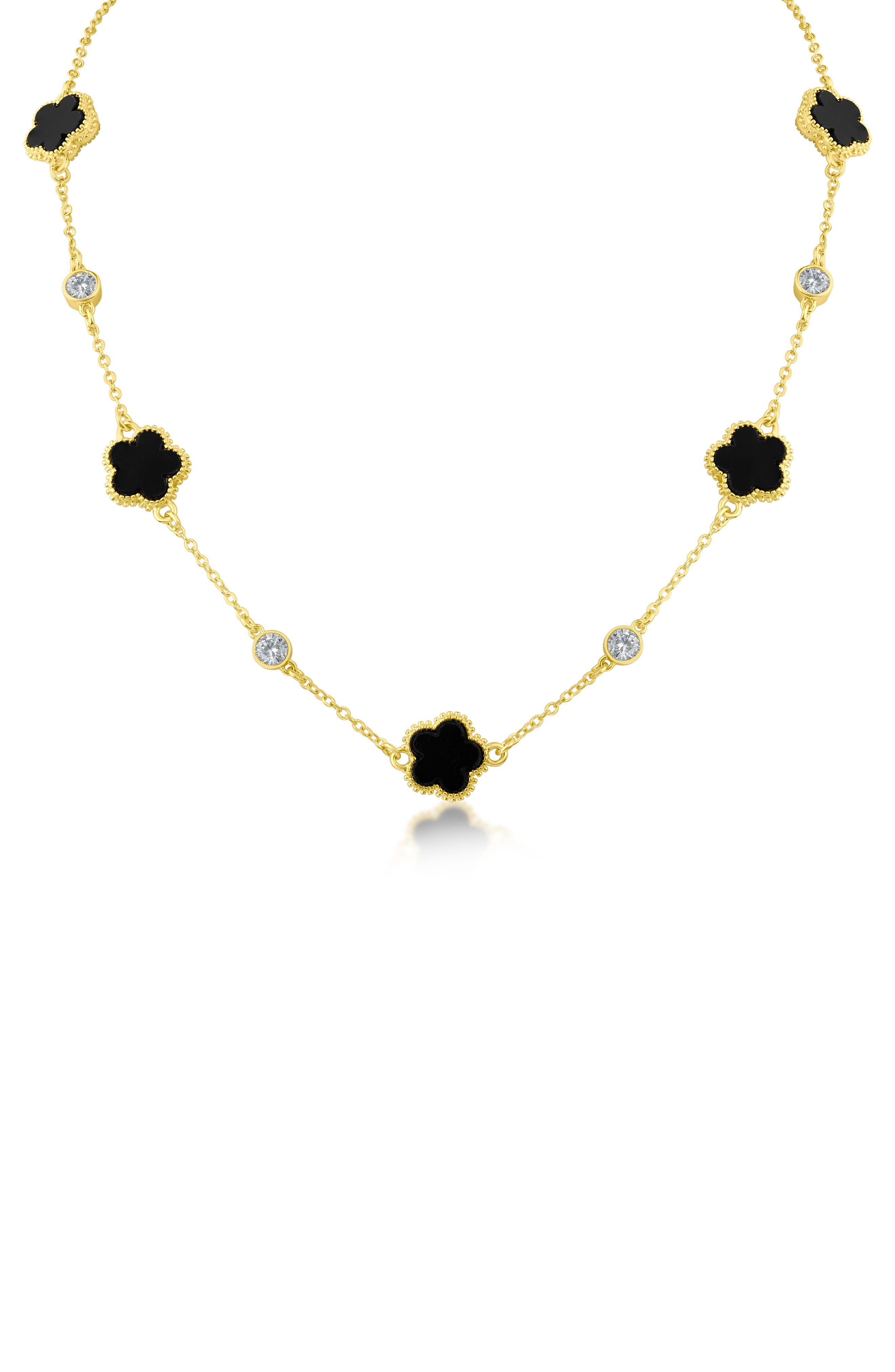 CZ by Kenneth Jay Lane Cubic Zirconia & Black Clover Station Necklace