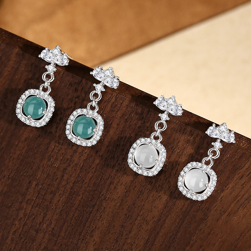 Original square jade earrings, made of 925 sterling silver, featuring a retro Chinese-style design, geometric patterns, lightweight yet luxurious, and representing high-end jewelry for women