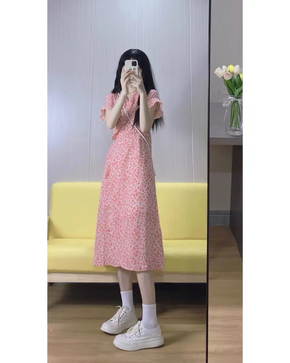 Summer new one-piece chiffon floral dress tea break French first love fairy split long skirt