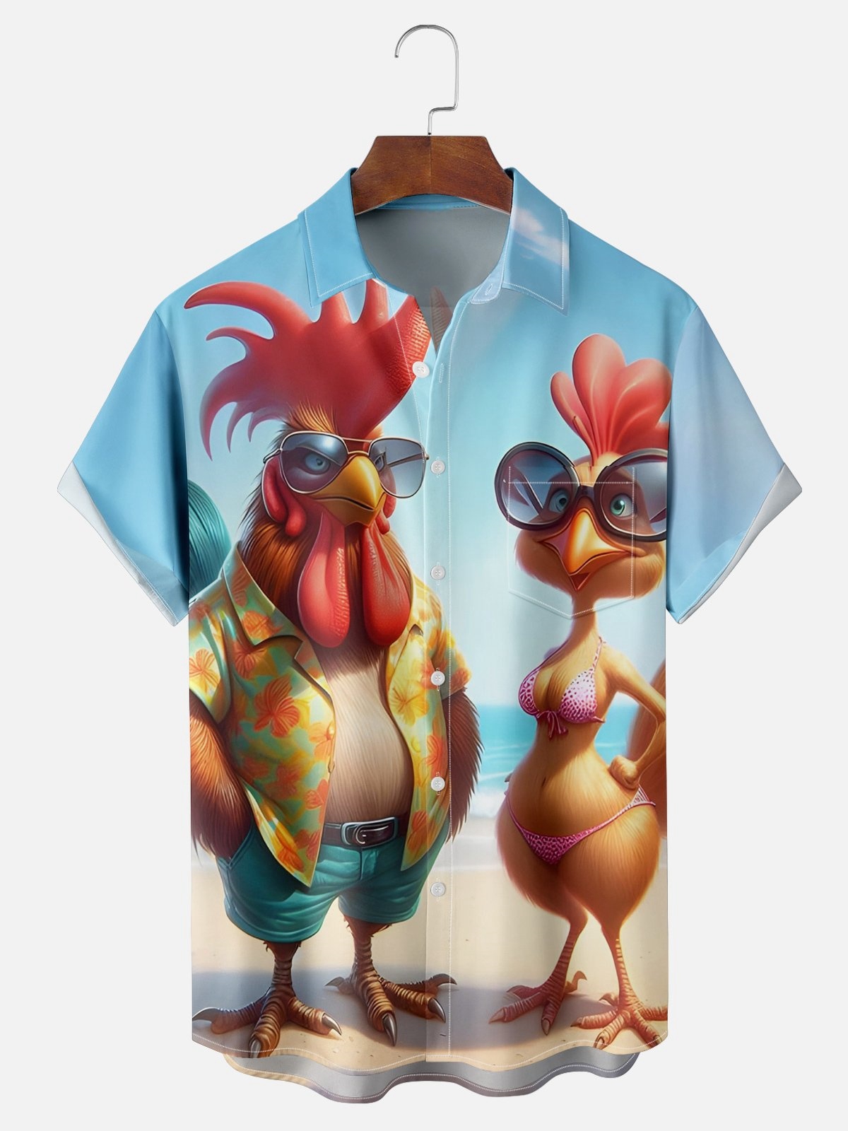 Moisture-wicking Vacation Rooster Chest Pocket Hawaiian Shirt