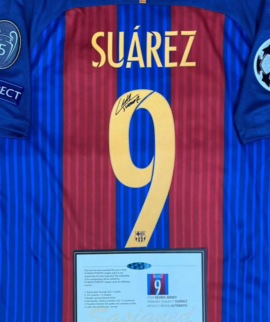 Luis Suarez SIGNED Barcelona 16/17 Home UCL Jersey/Shirt - COA - Retro