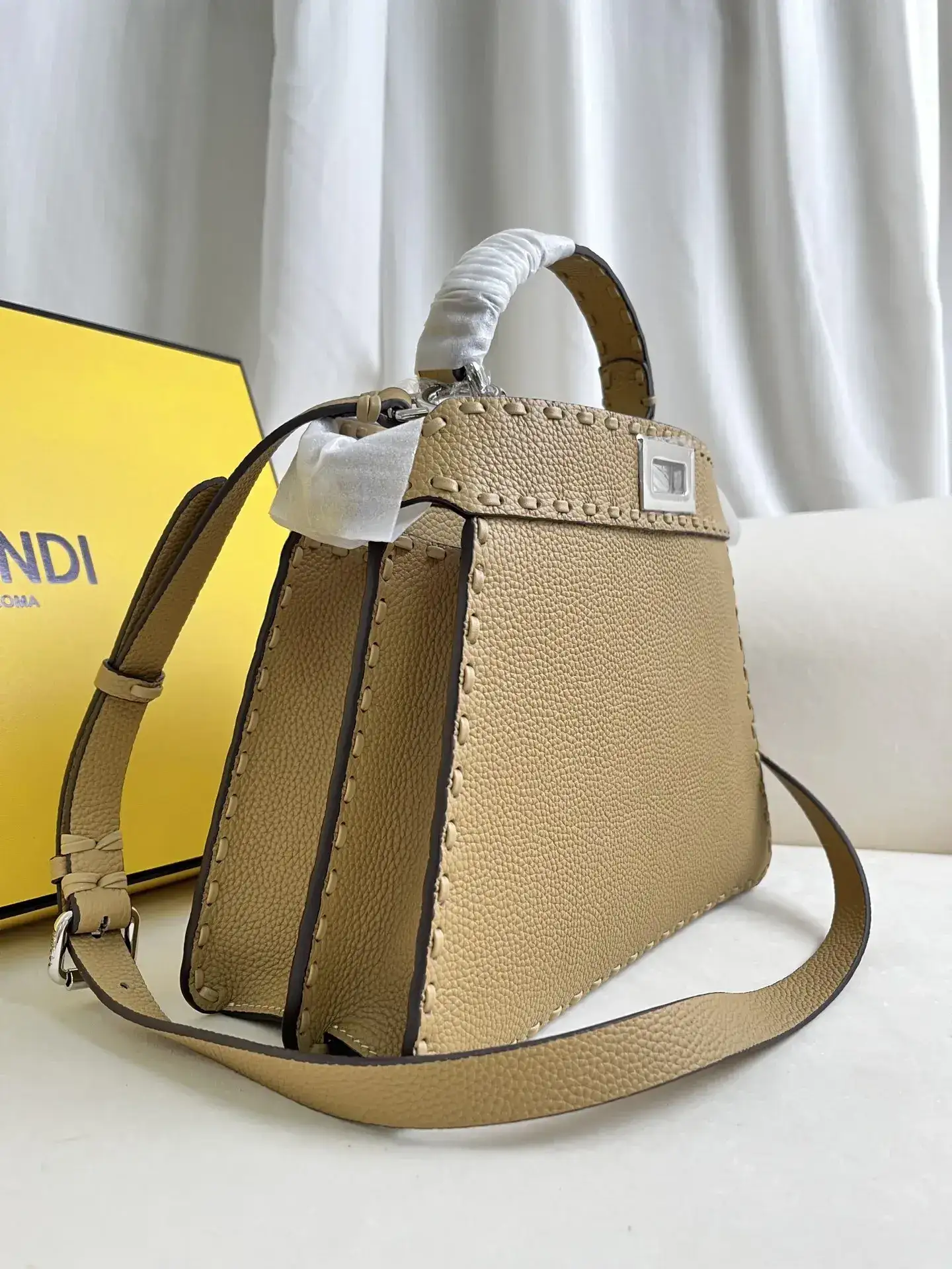 Fendi Peekaboo Beige Grained Leather Shoulder Bag product photo from LabelPicks