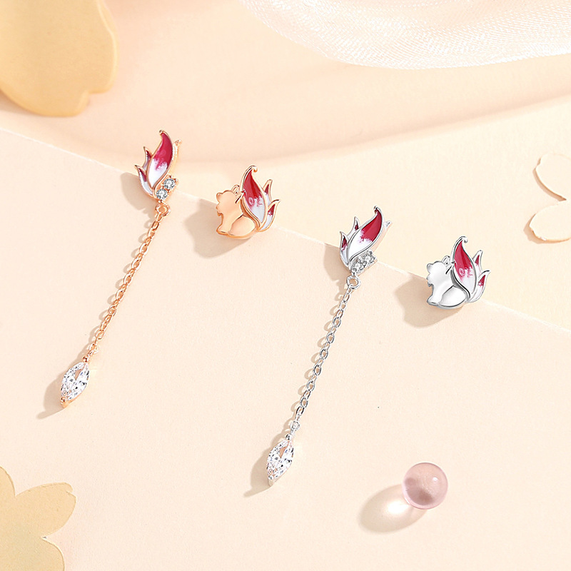 Original Little Fox Earrings for Women, Pure Silver, Unique Design, Asymmetrical Tassel Drop Earrings, Forest Style, Ins-style Ear Accessories