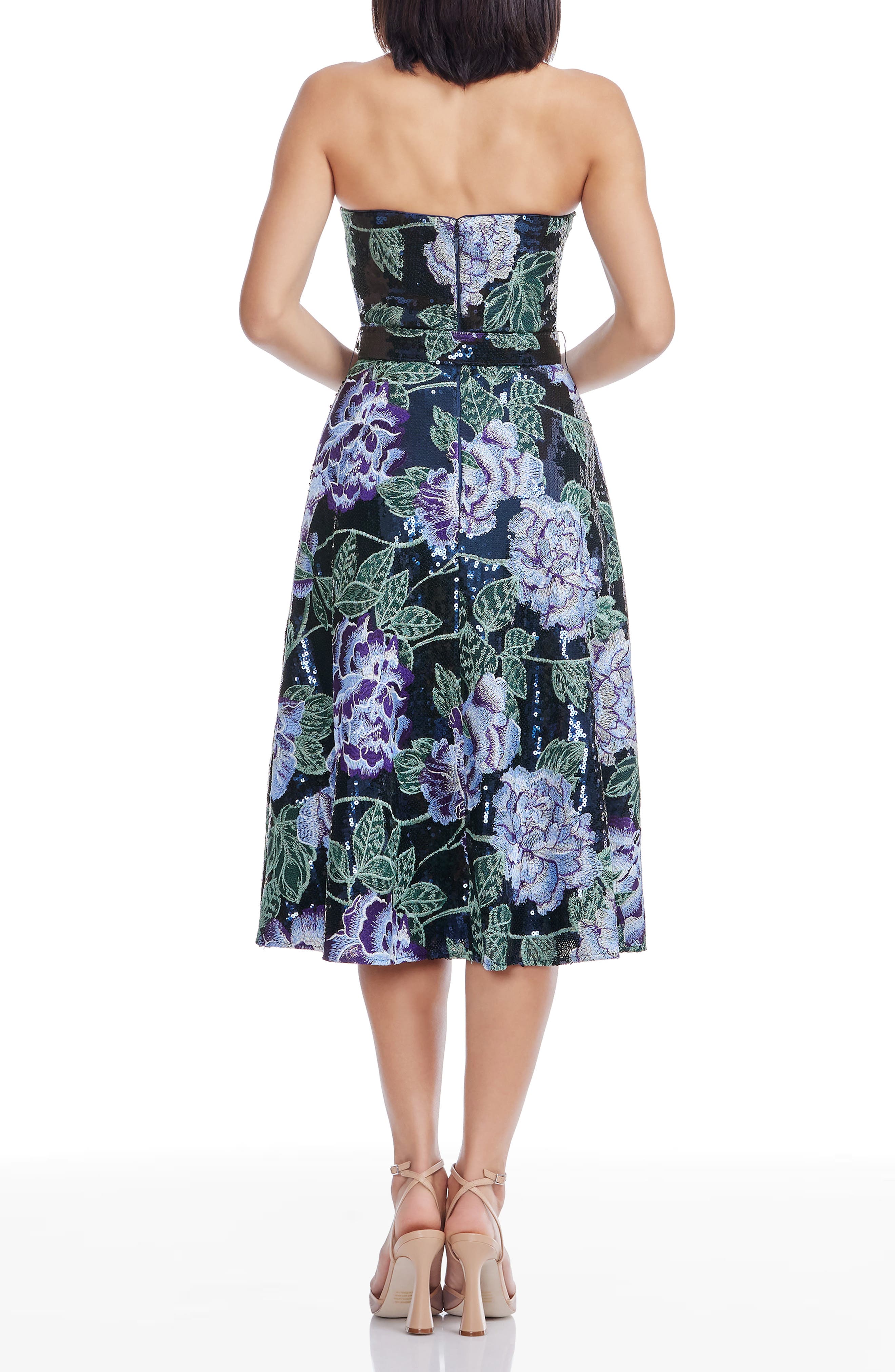 Dress the Population Carlita Embroidered Sequin Floral Strapless Cocktail Midi Dress