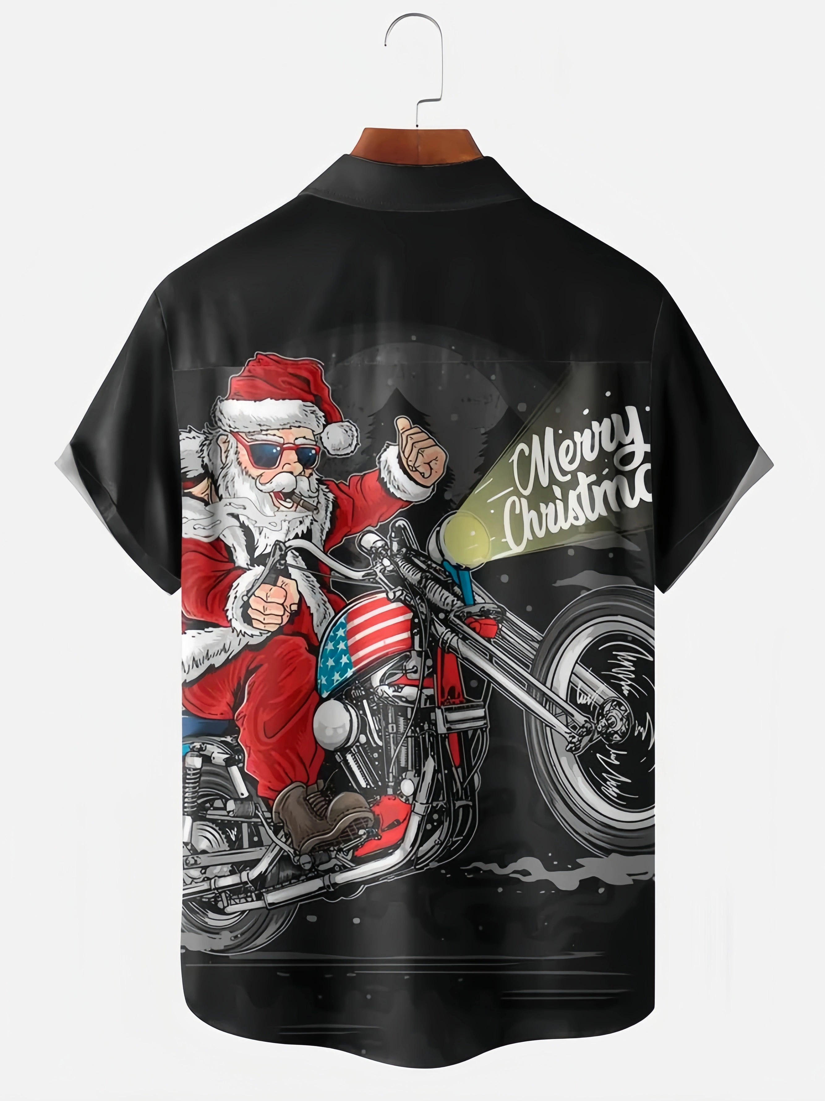 Men's Santa Print Casual Short Sleeve Shirt with Breast Pocket