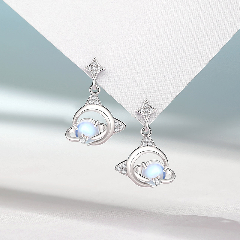 Original Forest-themed Sparkling Cat Planet Earrings for Women, Pure Silver, High-end Feel, Unique Design, Moonstone Earrings