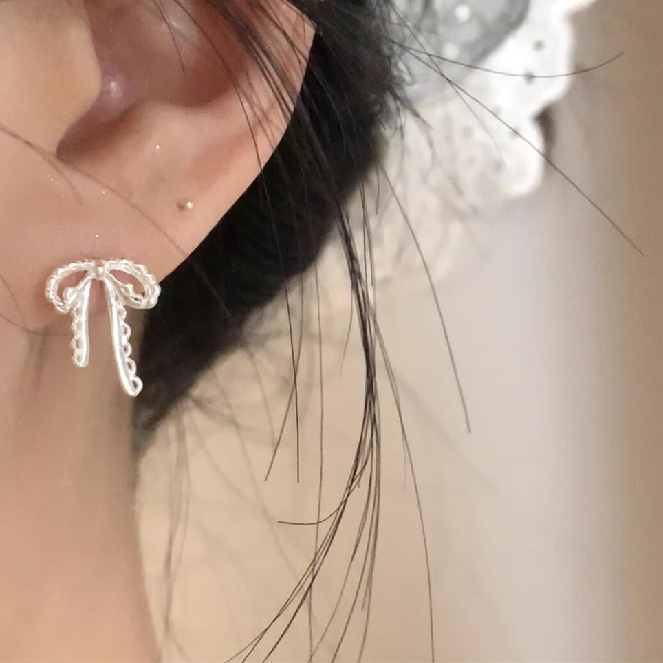 925 Sterling Silver Bow Stud Earrings| Delicate Lace Design