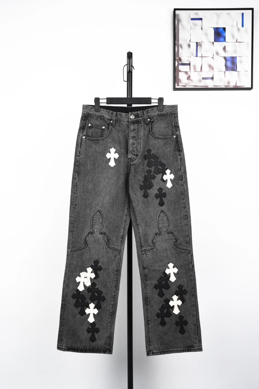 Chrome Hearts Black Grey Flame Cross Leather Patch Jeans product photo from LabelPicks