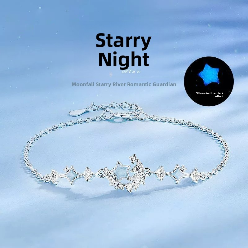 925 sterling silver star and moon luminous bracelet for women, Korean style, light luxury enamel fluorescent bracelet, trendy star best friend jewelry wholesale