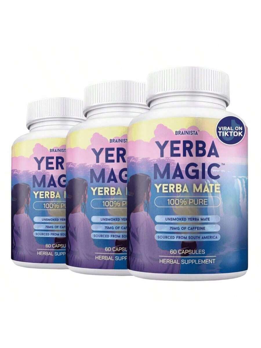 Brainista Yerba Mate Capsules – Natural Clean Energy, Focus & Gut Support – 100% Pure Unsmoked Yerba Mate – Caffeine Without Jitters – Brain Fog & Digestion Supplement – 60 Vegan Capsules (Pack Of 3)