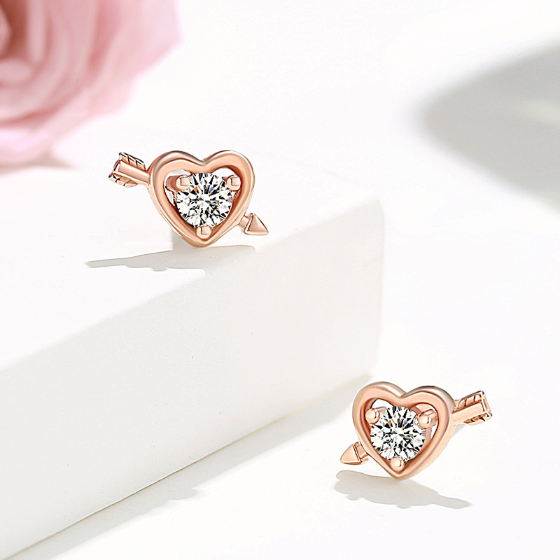 Cupid's Arrow Heart-Shaped Earrings for Women, 925 Sterling Silver, Korean Style, Micro-Inlaid Zirconia, Small and Cute Ear Jewelry
