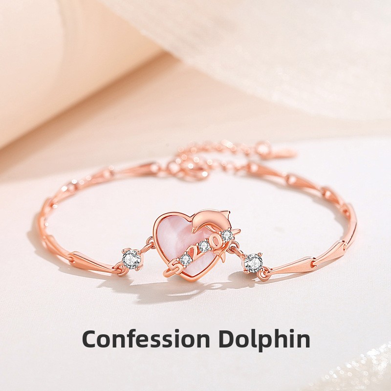 Original 520 Confession Dolphin Bracelet for Women, Pure Silver, Unique Design, Chic and Trendy, Heart-Shaped Bracelet, Valentine's Day Gift