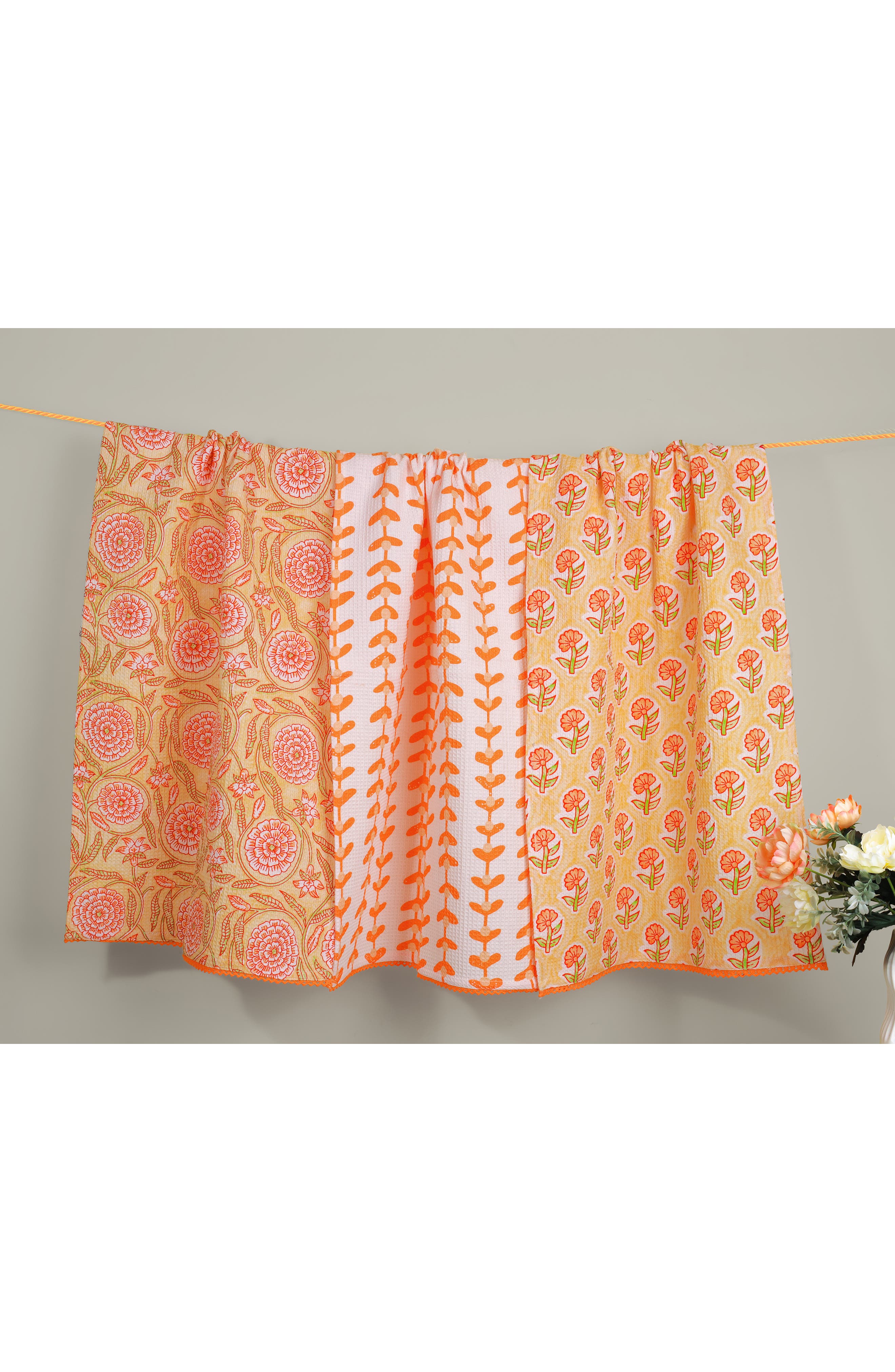 Tiramisu Set of Three Marigold Block Print Kitchen Towels