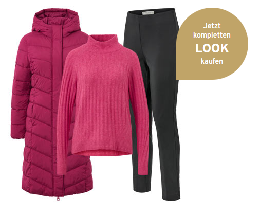 Steppmantel mit Kapuze, himbeerrot, Gerippter Strickpullover mit Stehkragen, Stretchhose