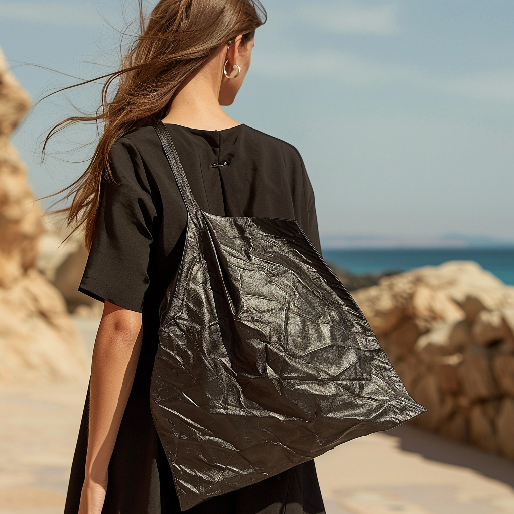 Black Crinkled Coated Leather Tote Bag