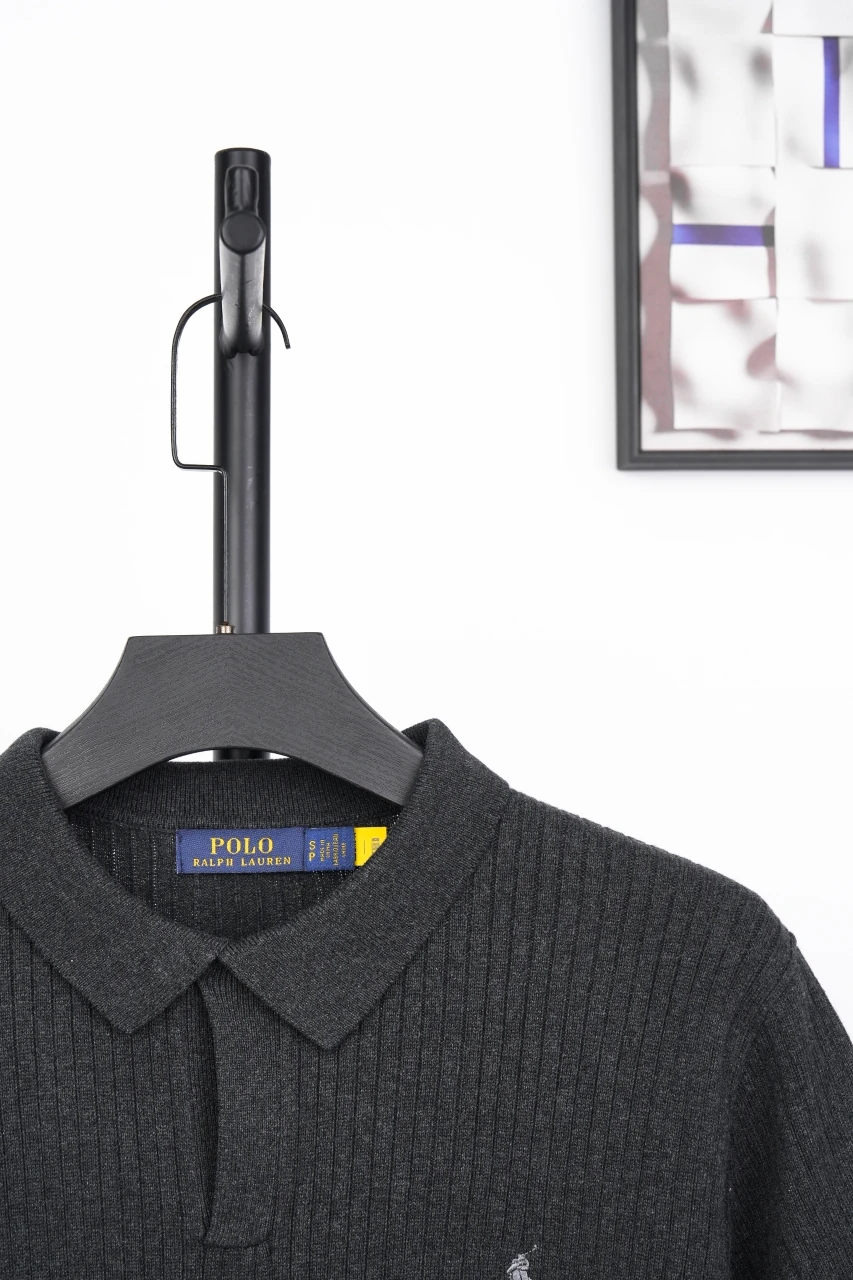 Ralph Lauren Black Ribbed Pony Embroidered Knit Polo Shirt product photo from LabelPicks