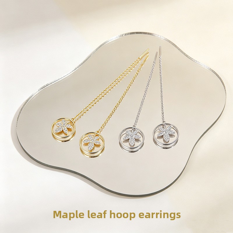 925 sterling silver maple leaf ear wires, featuring a forest-inspired, minimalist, and luxurious design with tassel earrings, a niche and trendy geometric earring style