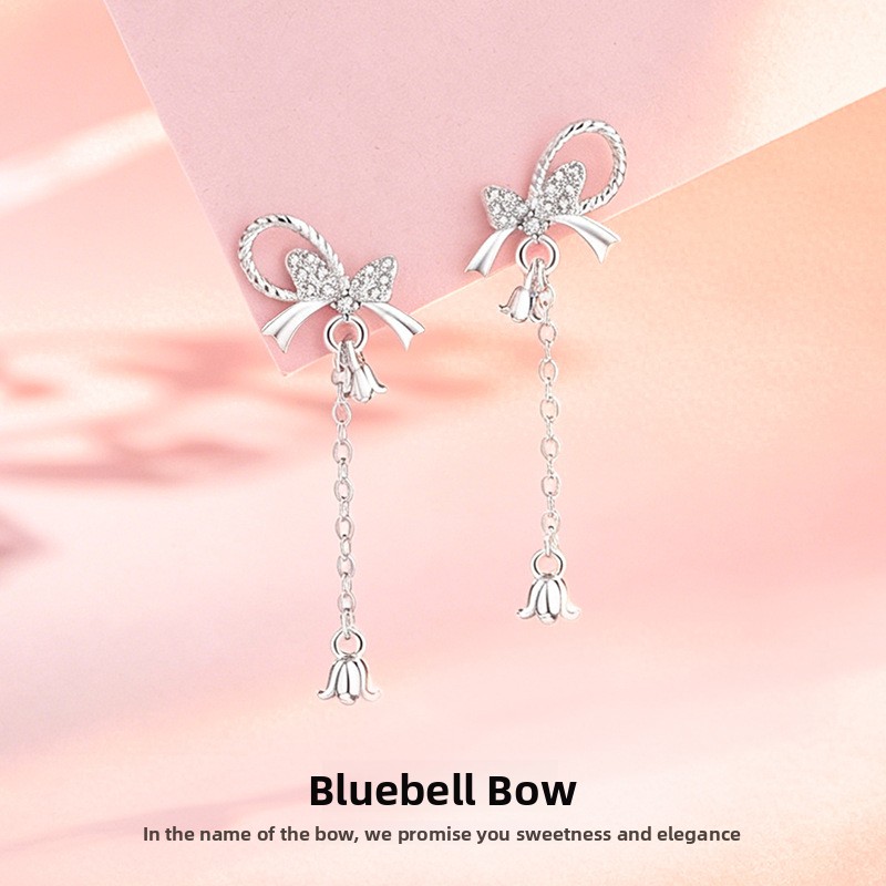 Original lily of the valley bow earrings for women, made of pure silver, featuring a sweet and fresh style, tassel design, and artistic details