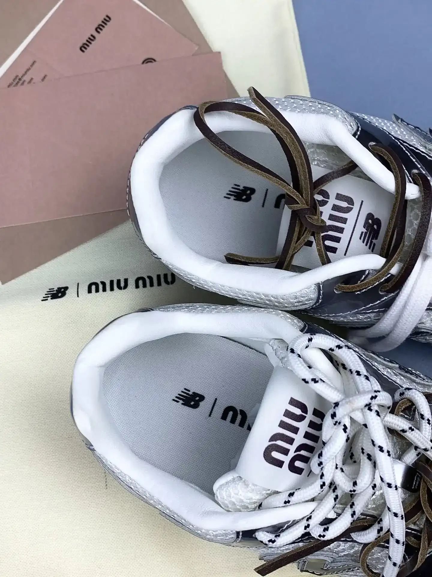 New Balance X Miu Miu 530 SL metallic leather and mesh sneakers product photo from LabelPicks