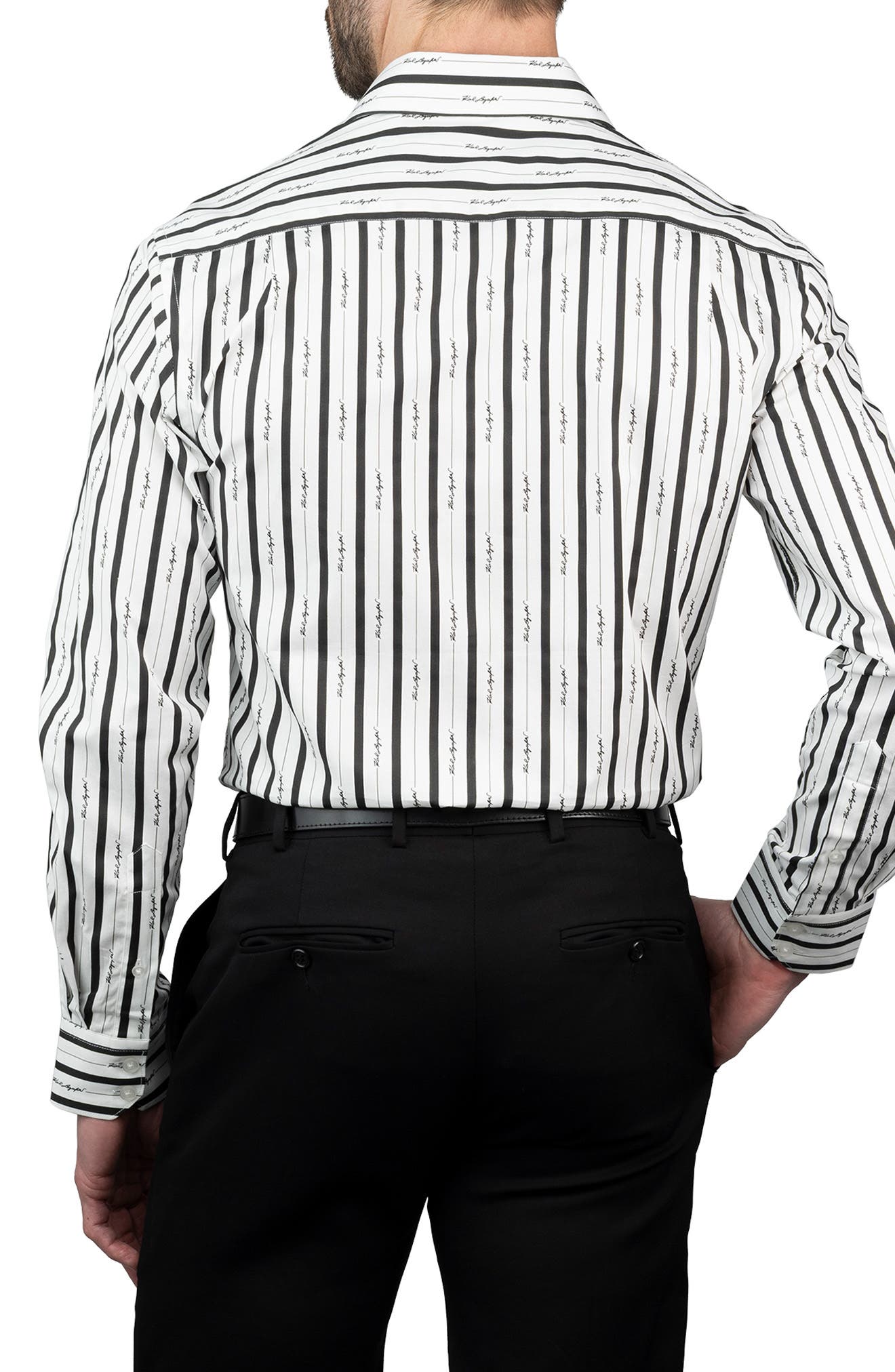 KARL LAGERFELD Trim Fit Logo Stripe Print Cotton Dress Shirt