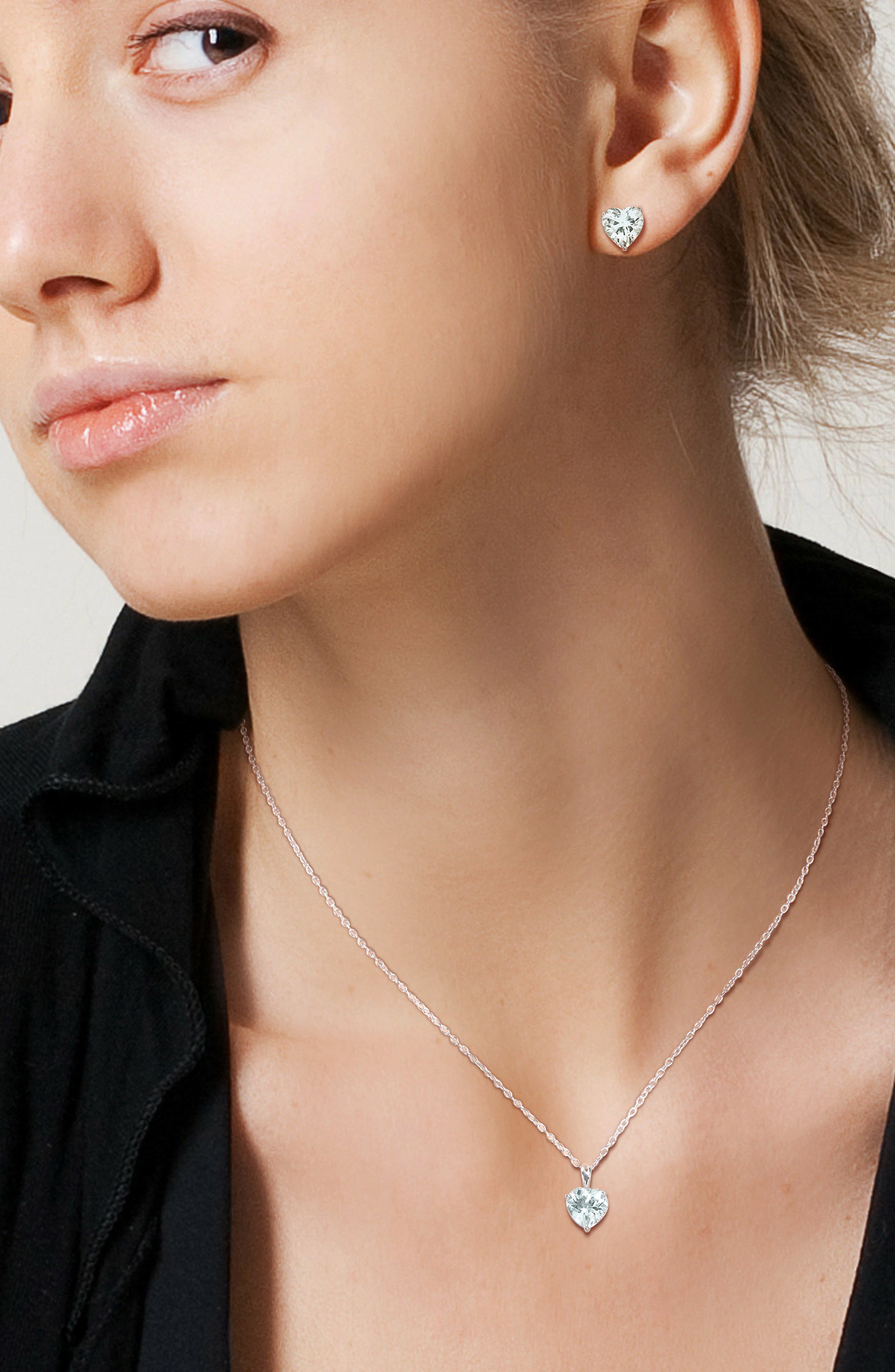 DELMAR Sterling Silver Aquamarine Heart Stud Earrings & Necklace Set