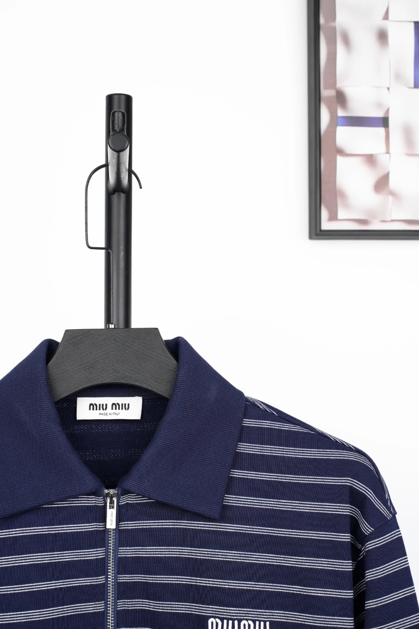Miu Miu Navy Stripe Embroidered Half Zip Long Sleeve Polo Shirt product photo from LabelPicks