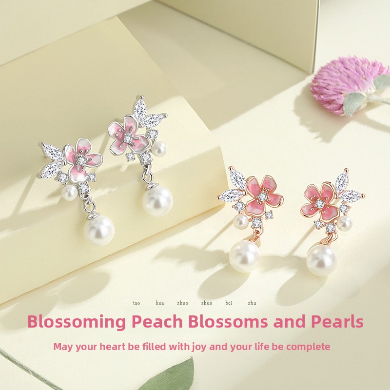 Original 925 sterling silver peach blossom earrings with pearl accents, featuring a delicate and fresh floral design, perfect for autumn, a new style of earrings