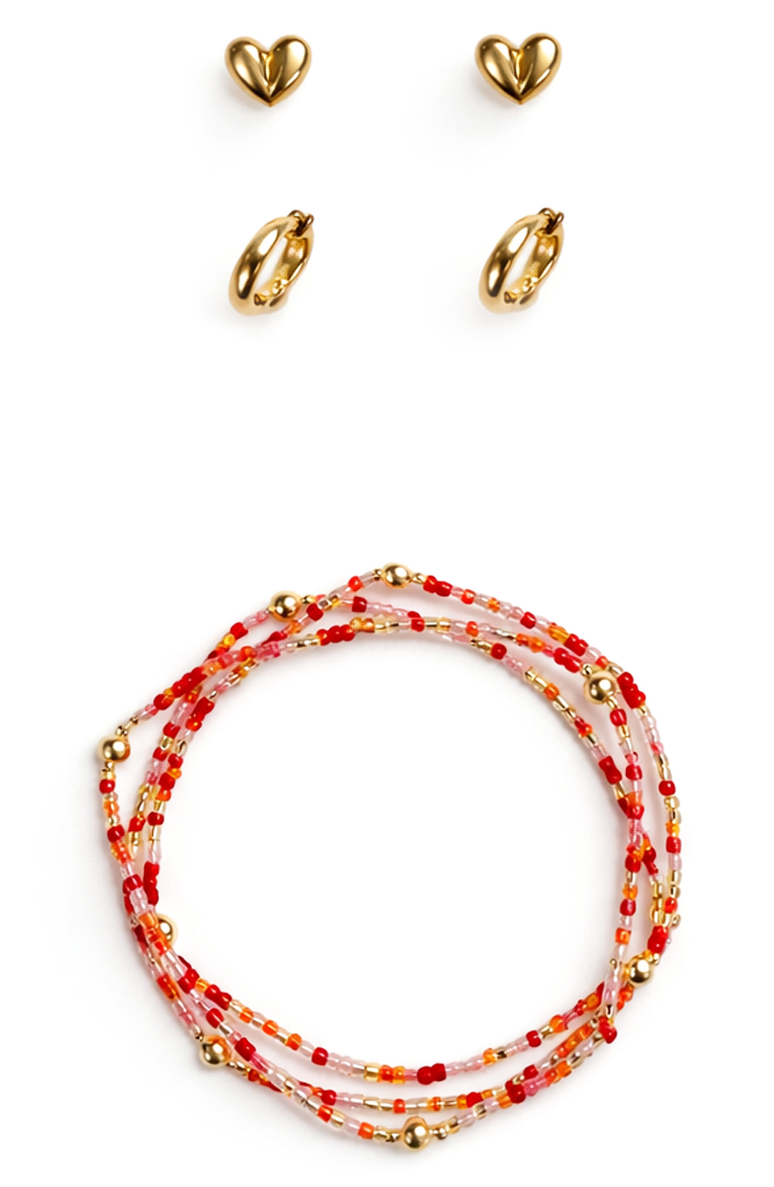 Panacea Heart Stud, Huggie Hoop Earrings & Beaded Stretch Bracelets Set