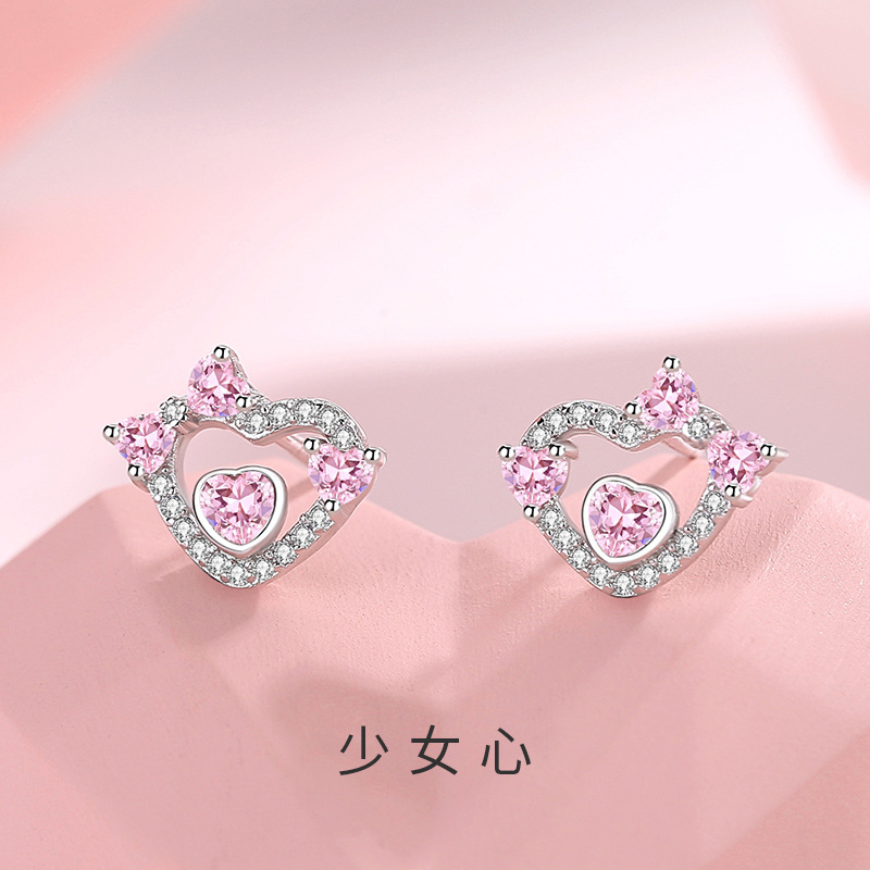 Original Sweetheart Earrings for Girls, 925 Sterling Silver, Fresh and Fresh Ins Style, Niche Heart-Shaped Earrings with Pink Zirconia