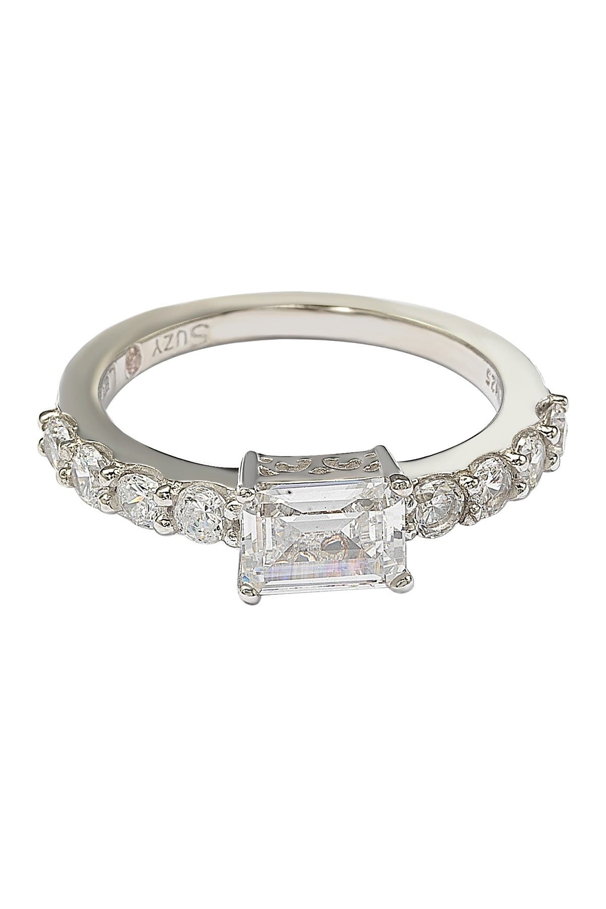SUZY LEVIAN Sterling Silver Emerald-Cut CZ Center Stone Engagement Ring