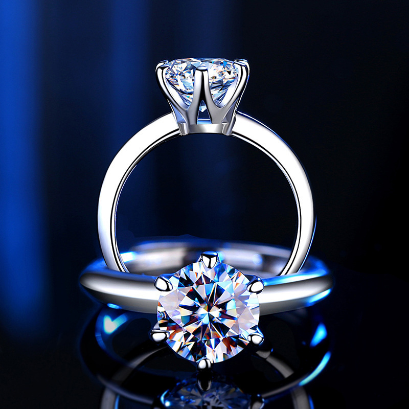 S925 sterling silver moissanite ring, women's crown design, one-carat, six-prong setting, simulated diamond ring, moissanite ring, adjustable size, for cross-border sales