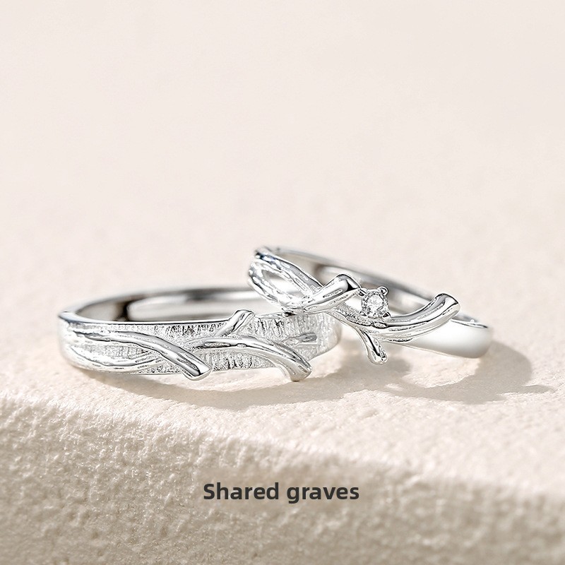 Original wooden couple rings for women, made of pure silver, featuring a spring forest design, with a unique and stylish look, in Japanese and Korean styles, a trendy gift